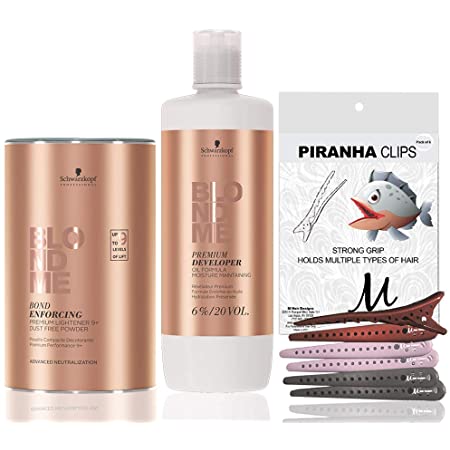 BlondMe Clay Lightener 7+ Bond Enforcing White Dust-Reduced Powder 350 grams, Schwarzkopf BlondMe Developer 6% / 20 Volume 1 Liter, M Hair Designs Piranha Clips (Bundle - 3 items)