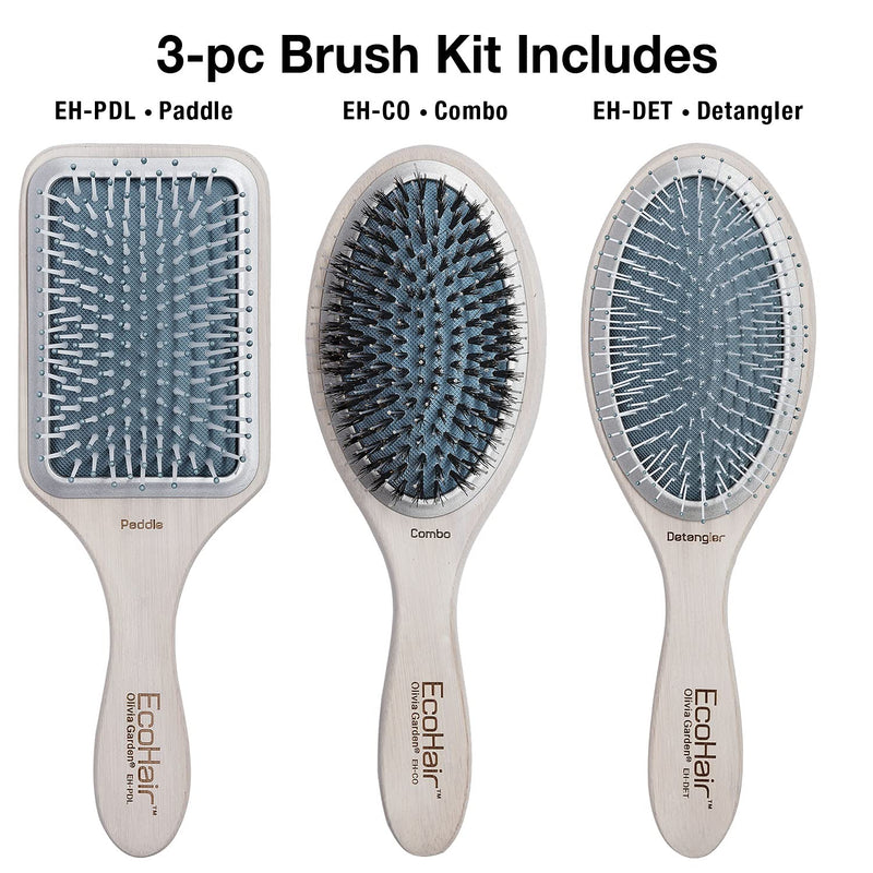 Olivia Garden EcoHair Bamboo Paddle Hair Brush Size:3-pc kit (EHBOX02): EH-DET, EH-CO, EH-PDL